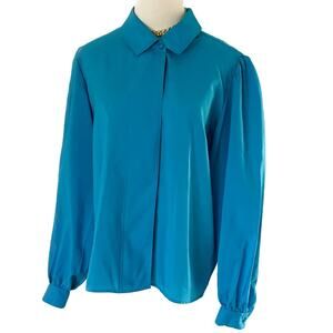 Vintage vibrant aqua blue puff shoulder button down blouse size 16 XL